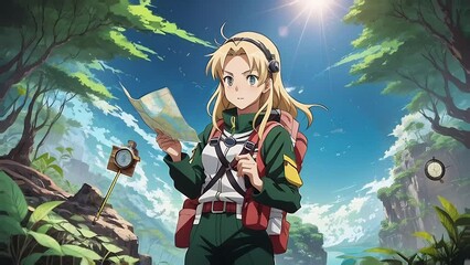 A blonde explorer anime with a compass and map, curious, in a sunlit forest.