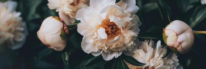 Minimalist Beige Peonies on Dark Background Generative AI