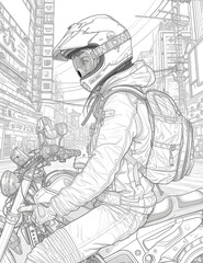cyberpunk girl on futuristic motorbike. anistress coloring page