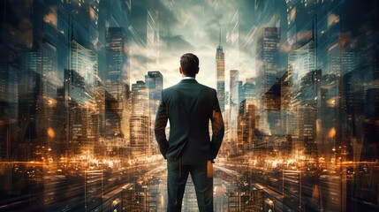 A businessman stands out in a bustling city scene, encapsulating the fast urban business lifestyle. - obrazy, fototapety, plakaty
