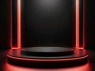 3d render of a modern interior red light round podium and black background for mock-up