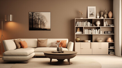 Modern Minimalist Lounge with Sectional Sofa and Bookshelf Decor in Warm Tones