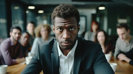 Fototapeta premium Lonely Black Man Working in Office While Colleagues Take Selfies Generative AI