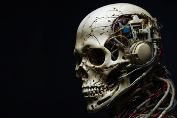 cyber robot skull with prosthetics and technological wiring in the head to give life - obrazy, fototapety, plakaty