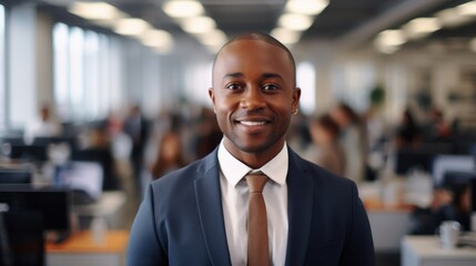 Fototapeta premium Portrait of a Happy Black Man in a Busy Office Generative AI