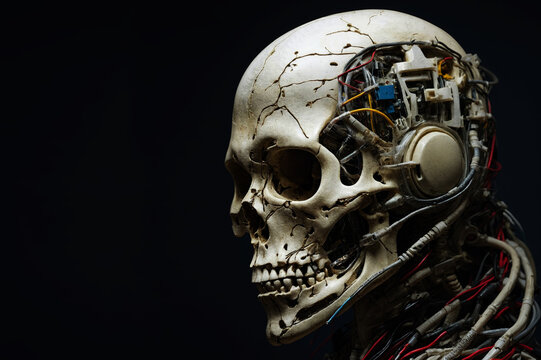 cyber robot skull with prosthetics and technological wiring in the head to give life