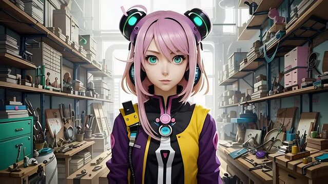 A pink-haired girl with headphones, futuristic outfit, in a creative workshop