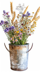 Rustic Elegance: Peasant Composition with Garden Bucket, Wildflowers and Wheat on a White Background, Delicately Designed Clipart