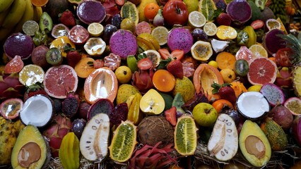 Assortment of colorful fresh tropical fruit for sale at the market already cut. Healthy eating concept