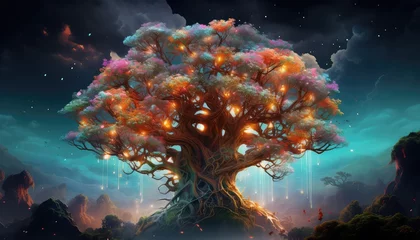 Foto auf Acrylglas Braun Fantasy landscape with fantasy tree in the night