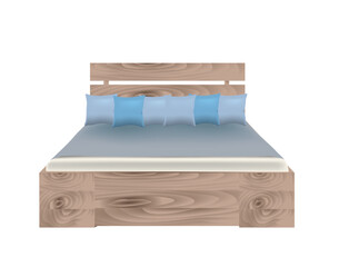 Wooden king size bed with pillows, vector