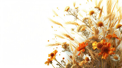 Floral Elegance: Artistic Arrangement of Wildflowers and Wheat on a White Background, Delicate Clipart with Generous Space for Custom Text.