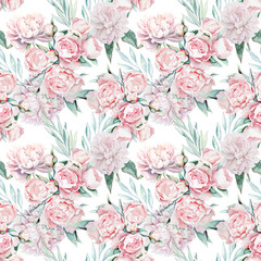 Peony and eucalyptus branches, leaves botanical watercolor seamless pattern textile design wallpaper