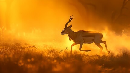 Impala silhouette against a golden sunset savanna backdrop. wildlife in natural habitat. vivid, warm colors create a tranquil scene. perfect for decor. AI