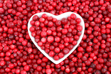 A heart-shaped plate with ripe cranberries on a red berry background.The concept of seasonal harvesting of berries useful for humans, vegetarian food, healthy organic food, berries of the north.