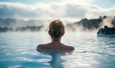Icelandic Geothermal Bliss: Happy Tourist Woman Immerses in Relaxation, Enjoying the Tranquil Blue Lagoon and the Natural Beauty of Iceland's Geothermal Wonders.

