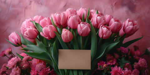 Bouquet of tulips and blank greeting card mockup on pink background