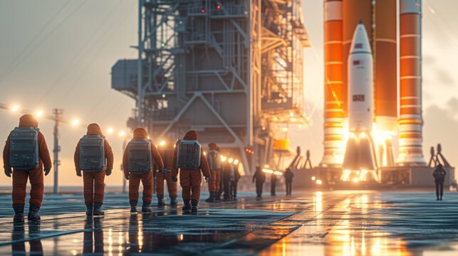 A group of aerospace engineers is preparing a space heavy rocket for launch on the launch pad of the cosmodrome