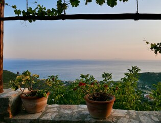 Ionian Coast at sunset, seen from terrace in Old Himarë castle, Albania. - obrazy, fototapety, plakaty