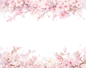 Fototapeta na wymiar Sakura pink flowers blossoming on branches, watercolor beautiful cherry blossom flowers frame isolated on white background with copy space.
