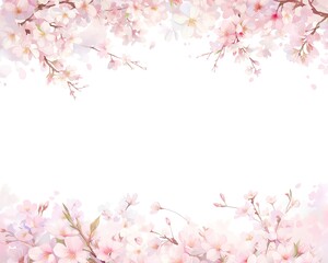 Sakura pink flowers blossoming on branches, watercolor beautiful cherry blossom flowers frame isolated on white background with copy space.