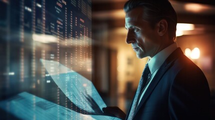 Businessman gazing at futuristic digital financial charts projected in virtual interface around him.