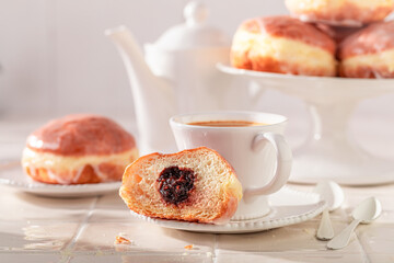 Delicious and fresh doughnuts made of marmalade and flour.