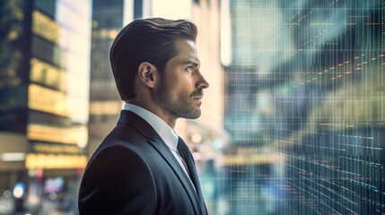Businessman gazing at futuristic digital financial charts projected in virtual interface around him.