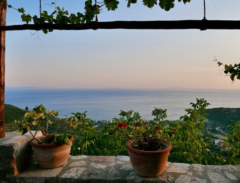 Ionian Coast at sunset, seen from terrace in Old Himar&euml; castle, Albania.