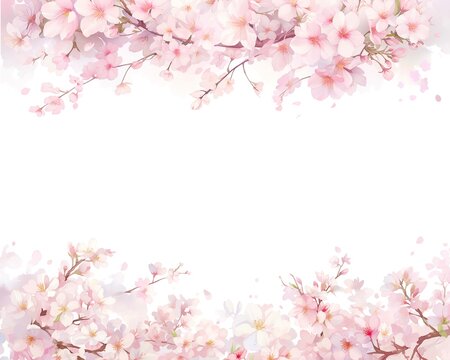 Sakura pink flowers blossoming on branches, watercolor beautiful cherry blossom flowers frame isolated on white background with copy space.