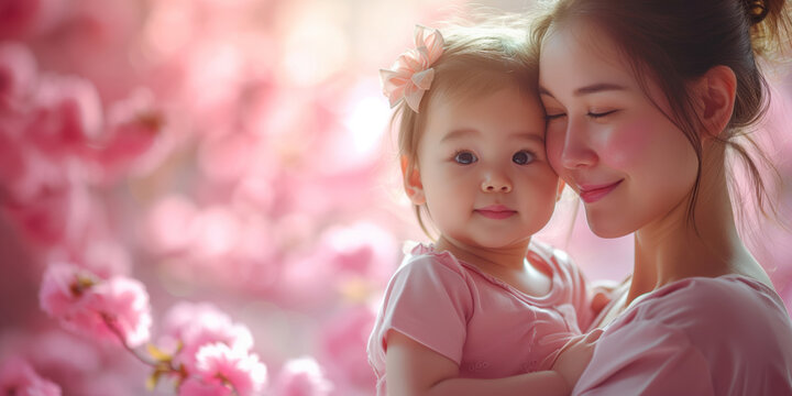 Portrait of Asian mother and little daughter together on Mother's Day against a pink background of cherry blossoms