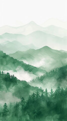 Vertical watercolor landscape of a green mountain range with trees.