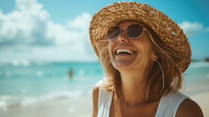 Joyful woman enjoying the beach on a sunny day. smiling lady in a straw hat. casual summer style. vacation vibes captured perfectly. AI