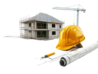 Building drawing blueprints with hat, Construction concept on white or transparent background