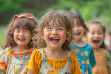 Group of happy children wearing colorful and stylish children's clothes