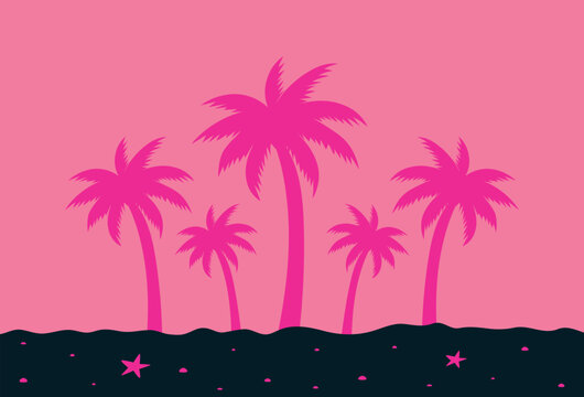 Bright silhouette of palm trees. Five pink palm trees on a pink background. Design of advertising brochures, travel agency banners. Vector illustration.