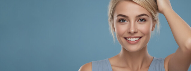 Beautiful Norwegian good woman nice fashion half body eye contact and space for design