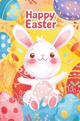 colorful easter postcard for easter festival with bunny, easter eggs and the words "Happy Easter Day"