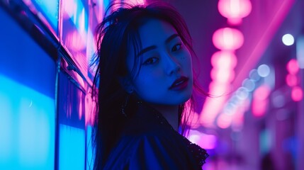 vaporwave chinese culture futuristic portrait, Bejing nightlife and purple blue lights. Asian woman amidst vibrant neon city lights