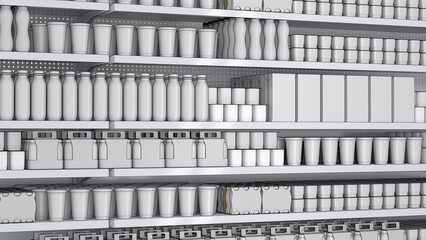 Retail shelves mockup with blank dairy products. 3d illustration
