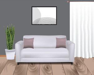 Room interior with white sofa bed, vector