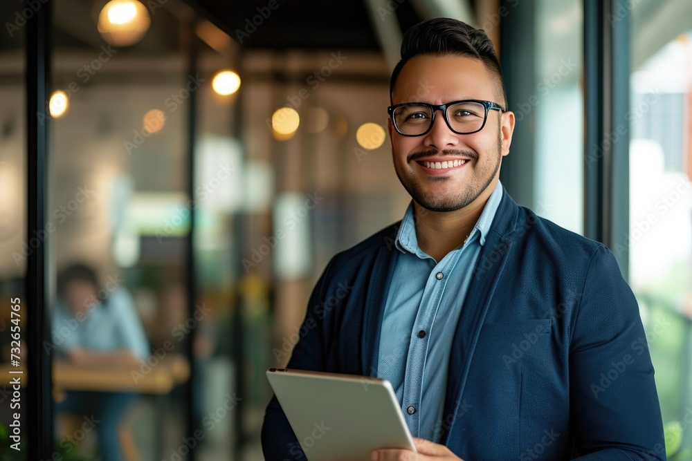 Wall mural young male latin businessman executive in glasses, smiling looking at the camera while holding a dig