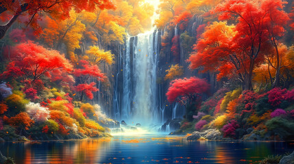 Obraz premium Fantasy waterfall with autumn trees and beautiful flowers, idyllic landscape