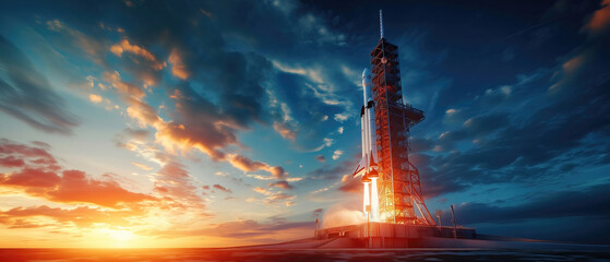 space rocket on launch pad, panoramic shot of the sky and the setting sun in the background. - obrazy, fototapety, plakaty