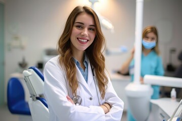 Fototapeta premium Happy young woman dentist with blurred office background