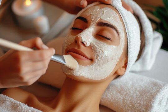 Cosmetologist applies moisturizing mask with brush to smiling young woman relaxing in spa salon. Close up portrait of girl client receiving cosmetic procedures from beautician in beauty clini