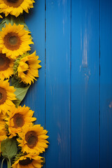 Sunflowers on blue background. Ukraine. Blue yellow flag of Ukraine. Independence Day.