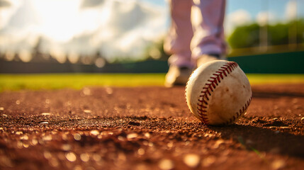 Low angle of a baseball sport ball on the dirty baseball court or field outdoors next to the catcher player standing, close up focus on the shoe. Entertainment event on the stadium, team training - obrazy, fototapety, plakaty
