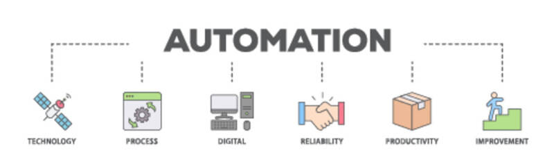 Automation banner web icon illustration concept with icon of process, digital, reliability, productivity, and improvement icon live stroke and easy to edit 