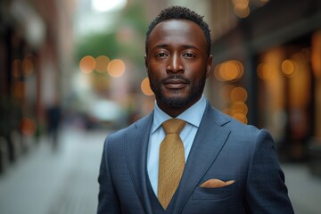 An African male executive exudes confidence and style in a sharp suit and tie on an urban street with blurred city lights.